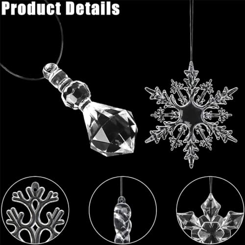 iDopick 30Pcs Christmas Crystal Snowflake Decorations Acrylic Hanging Snowflake Icicle Drop Ornaments Set Crystal Christmas Ornaments with Sliver Rope for Christmas Tree Decorations