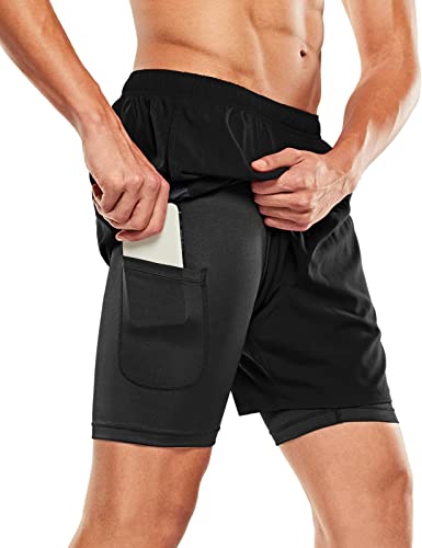 TSLA Men's 2 in 1 Active Running Shorts, Quick Dry Exercise Workout Shorts, Gym Training Athletic Shorts with Pockets TM-MBH45-BKK_Small