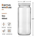 [ 8 Pack ] 16 OZ Glass Juicing Bottles w Airtight Lids & 2 Straws & 2 Lids w Hole - Reusable Drinking Jars, Travel Water Cups - Tall Mason Jar for Juice, Boba, Smoothie, Tea, Kombucha, Homemade Drinks