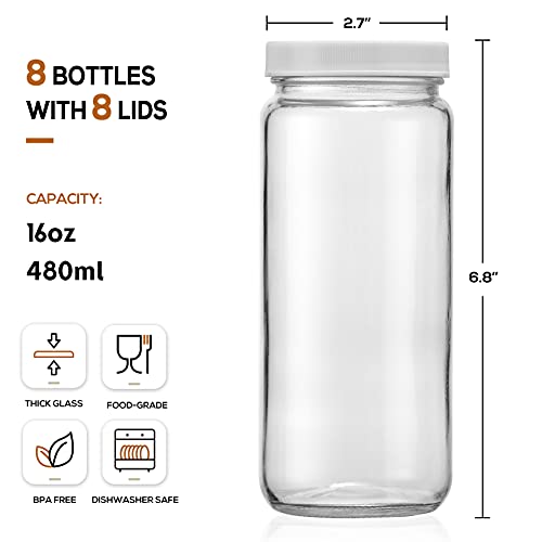 [ 8 Pack ] 16 OZ Glass Juicing Bottles w Airtight Lids & 2 Straws & 2 Lids w Hole - Reusable Drinking Jars, Travel Water Cups - Tall Mason Jar for Juice, Boba, Smoothie, Tea, Kombucha, Homemade Drinks