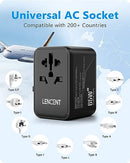 LENCENT Universal Travel Adapter, GaN3 65W International Charger with 2 QC4.0 USB-A+ 2 PD3.0 Type-C PPS Fast Charging, Worldwide European Outlet Adaptor for Phone,Laptop, USA/UK/EU/AUS Black