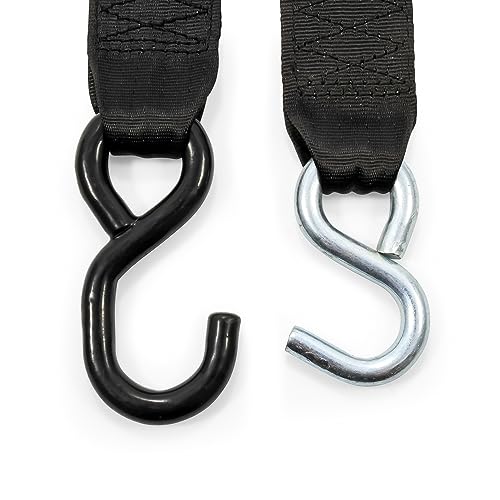 Camco Heavy Duty Retractable Ratchet Tie Down Straps for Hauling and Transporting- 2" x 6', Dual Hook, 2,500 lb Break Strength, Securely Tie Down Boats, ATVs, and More (50031), black