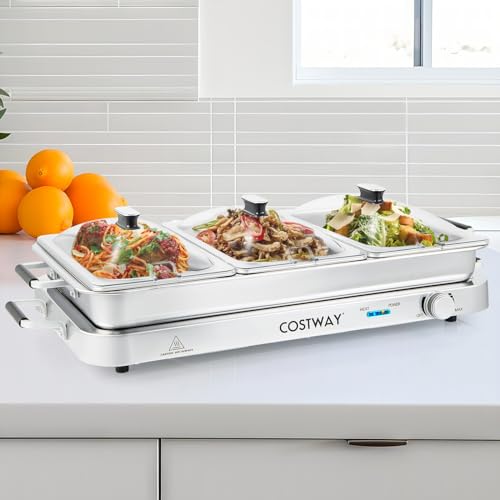 Costway Food Warmer Buffet Server, 450W Stainless Steel Electric Warming Tray, Adjustable Temperature, Transparent Lids w/Spoon Slot, 8L Chafing Dish Set for Parties, Banquets, Catering Events