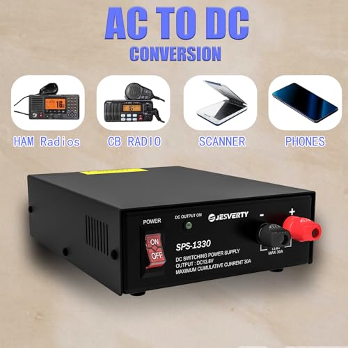 Universal Compact Bench Power Supply- 30 Amp Regulated Home Lab Benchtop AC-to-DC Converter 13.8 Volt, Cooling Fan, Screw Type Terminals - Jesverty SPS-1330