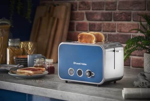Russell Hobbs Distinctions 2 Slice Toaster, RHT262OCB, Polished Stainless Steel Design, Illuminated Countdown, Variable Browning Control, Longer Slots, Ocean Blue,Silver