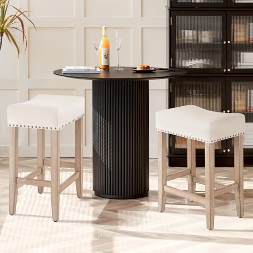 Furniliving Bar Stools Set of 2,25.7 inch Counter Height Bar Stools,Upholstered Kitchen Barstools with Solid Wooden Legs, Saddle Stools for Kitchen Island, Bar, Cafe, Beige