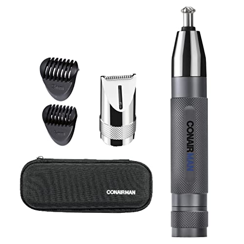 ConairMan Ear, Nose, and Eyebrow Hair Trimmer for Men, Cordless Battery-Powered Trimmer with Professional Metal Handle, Patent 360 Bevel Blade for No Pull, No Snag Trimming Experience