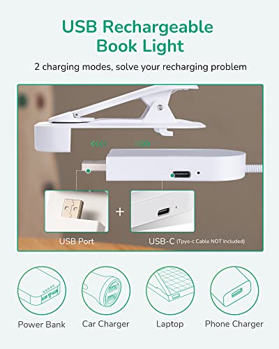 EDISHINE Book Reading Light, USB Rechargeable Book Light for Reading in Bed, 3 Color Modes & Stepless Dimmable, Eye Care Clip-on LED Reading Lamp for Readers, Kids, Bookworms, Travel, (White)