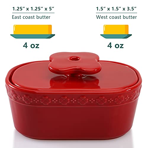 AVLA Porcelain Butter Dish, Ceramic Butter Dish with Lid for Countertop, Large Butter Container Storage Keeper Holds Up to 2 Sticks of Butter, Oval Shape Butter Crock Flower Series, Red