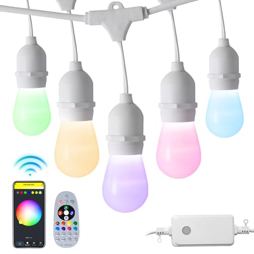 Groverdi 2024 Upgraded Outdoor String Lights, DIY Color Changing RGB Bright Smart Light 30m Remote for Party Christmas, IP65 Waterproof Outside Patio Festoon Light with 30 Dimmer LED Bulbs