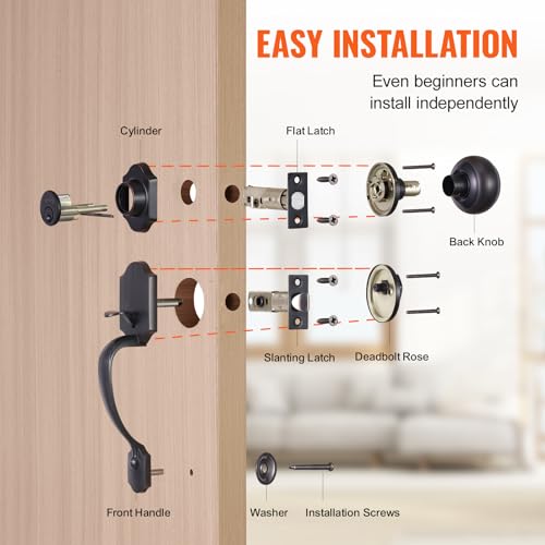 VEVOR Front Door Handle and Deadbolt Set, Antique Copper Front Door Lock Set with Interior Knob, Single Cylinder Handleset Adjustable Hole Spacing, for Right and Left Handed Entrance and Front Door