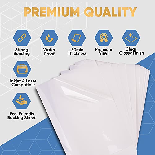 Avarrix Australia Printable Vinyl Sticker Paper for Inkjet & Laser Printer, Frosted Clear Glossy, 25 Sheets, A4 Size, Glossy Transparent Self Adhesive Sheets, Waterproof A4 Sticker Paper for Printer