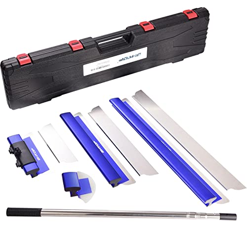 BHTOP Drywall Tools Skimming Blade with Extension Handle and Arc Scraper - 10", 16" & 24" Blades Extruded Aluminum 301 Stainless Steel Construction Tools End Caps, Wall-Board with 0.5mm&0.35mm Blue