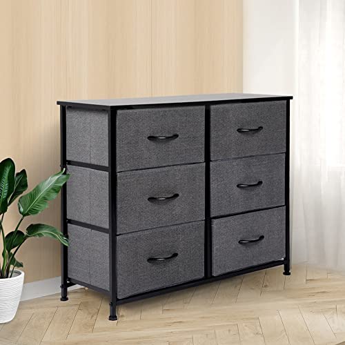 LEVEDE Chest of 6 Drawers, Tallboy Storage Cabinet, Fabric Tower Dresser Organizer Clothes Toys Storage Unit, Home Furniture for Bedroom, Living Room, Hallway, Office (Dark Grey)