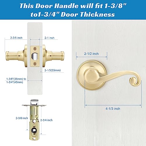 Bonpoly 10 Pack Gold Door Handles, Wave Style Door Lever Passage Door Handle for Hallway and Closet, Keyless Interior Door Levers in Satin Brass Finish, Right Handing