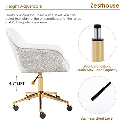 Zesthouse Boucle Home Office Chair Modern Desk Chair with Wheels, White Vanity Chair for Girls Women, Upholstered Swivel Armchair for Bedroom, Height Adjustable Computer Task Chair, Gold Base