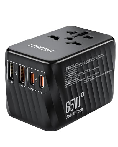 LENCENT Universal Travel Adaptor, 65W GaN International Fast Charger with 2 PD3.0 Type C+2 QC USB A, Worldwide Power Adaptor for Phones,Laptops, All in One Travel Plug Adapter for EU/USA/UK/AU, Black