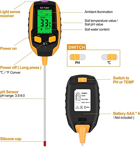 Soil Moisture Meter, 4-in-1 Soil PH Meter, Soil Tester, Digital Soil PH Tester with Light/PH/Temperature, Plant Thermometer Test for Gardening, Lawn, Farming, Indoor & Outdoor Plants