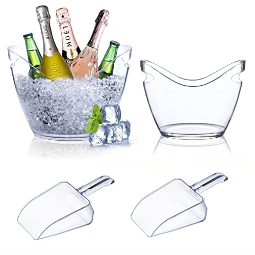 Beverage Tubs for Parties Plastic Ice Bucket for Cocktail Bar Clear Acrylic Wine Bucket with Scoops Drink Bucket Cooler for Chiller Bin for Champagne or Beer (8 L, 4 L)