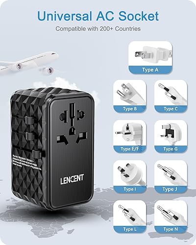 LENCENT 100W International Travel Plug Adapter, Universal Travel Adaptor with 2 USB-A & 2 USB-C Fast Charging, All-in-One Power Adapter for Mobile Phone, Laptops, Type A/C/G/I (USA/EU/UK/AUS), Black