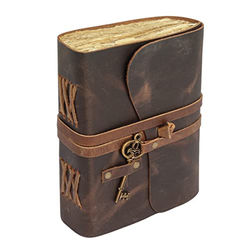 Leather Journal with lined Deckle Edge Paper 8x6 inch and Vintage Key/Handmade Writing Notebook Diary/Bound Daily Notepad for Men & Women Medium, Sketch/Writing pad, for Artists (8 x 6, Brown)