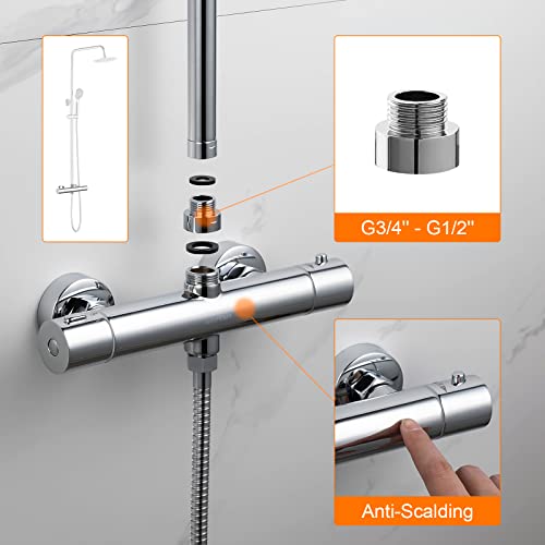 GRIFEMA G17005 Thermostatic Shower Mixer Bar Two Outlet, Wall Mounted Shower Mixer Tap,Anti-Scald, with TOP 3/4" and Bottom 1/2" BSP, Chrome,Silver