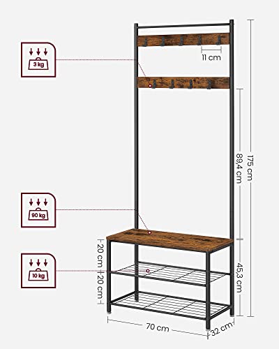 Vasagle Coat Rack Stand, Industrial Coat Tree, Hallway Shoe Rack and Bench with Shelves, Hall Tree with Hooks, Matte Metal Frame, Height 175 cm Rustic Brown HSR41BX