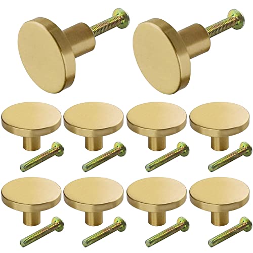 AcbbMNS 10 Pack Brass Cabinet knobs Gold Round Handles 25mm Diameter Single Hole Pulls for Dresser Drawers Cupboard Kitchen Bathroom