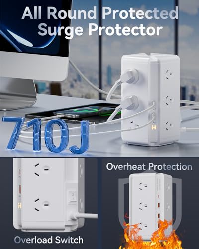 HEYMIX Tower Power Strip USB, USB C Powerboard Surge Protector 12-Outlet, 24W(Max) Power Board with 4-USB & 2 USB-C & 1.8M Extention Cord and Switch, 710J 2400W