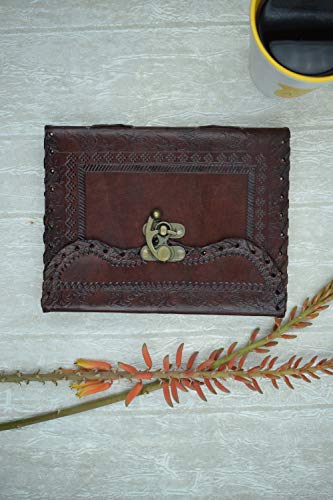 OVERDOSE Mehrab Brass C-Lock Leather Journal - Handmade Antique Stone Journal Diary Leather Sketchbook Drawing Notebook - 6 X 8 Inches | 15 X 20 cm | A5
