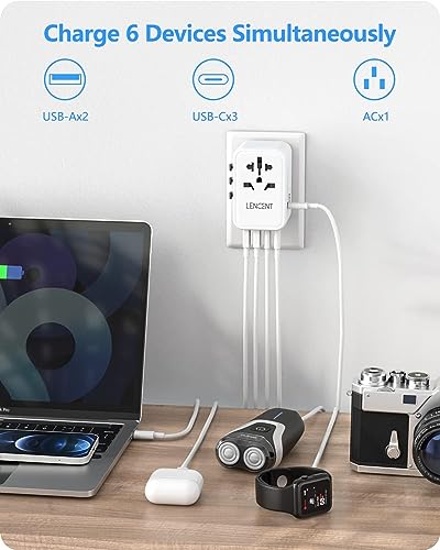 LENCENT Universal Travel Adapter, GaN III 65W International Charger with 2 USB Ports & 3 USB-C PD Fast Charging Adaptor, Worldwide Wall Charger for iPhone, Laptop, USA/UK/EU/AUS, (White)