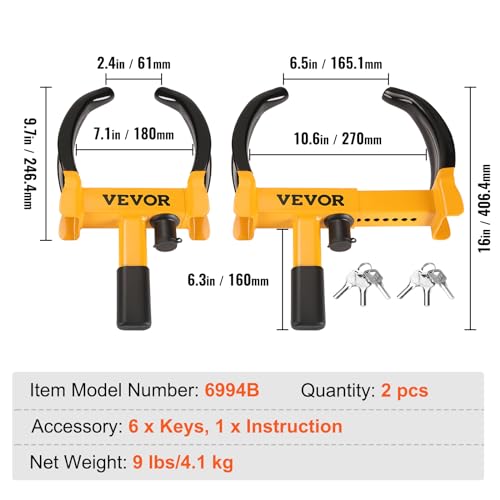 VEVOR Wheel Lock, 2 Packs Universal Wheel Clamp Lock, Adjustable Anti Theft Trailer Lock Wheel Clamp, Heavy-Duty Steel Tire Lock for ATV SUV Car Golf Cart Boats Motorcycles, with 6 Keys