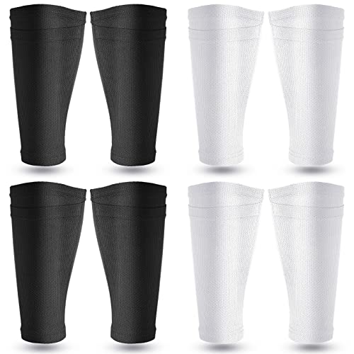 Soccer Shin Guards Sleeves 4 Pairs Flexible Soccer Shin Guard Leg Performance Support Polyester Soccer Shin Guard Sleeve Holder with Pocket for Soccer Sport (White, Black, M)