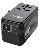 LENCENT Universal Travel Adapter, 100W GaN International Fast Charger with 2 PD3.0 Type C+2 QC USB A, Worldwide Power Adaptor for Phones,Laptops, All in One Travel Adaptor for EU/USA/UK/AU, Black