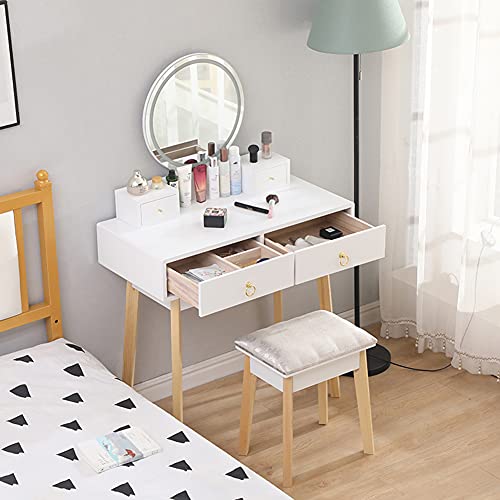 Vanity Makeup Table with Adjustable Light, Touch Screen, Dressing Table with Mirror and Stool, White