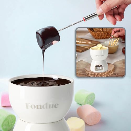 com-four® Premium Chocolate Fondue Set, Ceramic Bowl with Tea Light Holder, Fondue Set with Forks for 4 People, Ideal for Chocolate, Cheese and Meat Fondue (White)