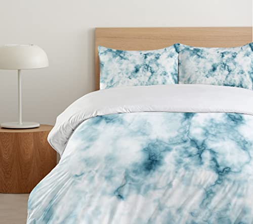 Ambesonne Apartment Decor Duvet Cover Set, Fluffy Cloud Skyline Like Marble Motif with Grunge Features Art Image, 3 Piece Bedding Set with Pillow Shams, Queen/Full, Turquoise