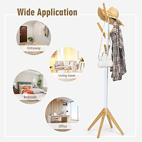 Tangkula Bamboo Coat Rack Freestanding, Wooden Coat Hanger Coat Rack Stand with 6 Hooks & 4-Claw Base, Easy Assemble Standing Coat Tree Hat Bag Jackets Hanger for Entryway, Bedroom, Office