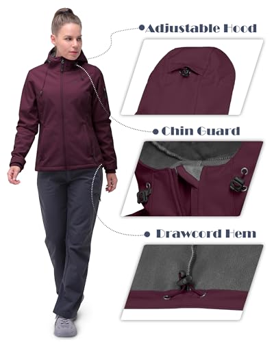 33,000ft Women's Softshell Jacket, Fleece Lined Warm Jacket Light Hooded Windproof Coat for Outdoor Hiking, Wine Red, Large
