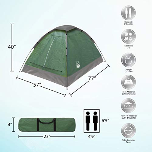 Wakeman 2-Person Camping Tent - Shelter with Rain Fly and Carrying Bag - Lightweight Outdoor Tent for Backpacking, Hiking, and Beach by (Green)