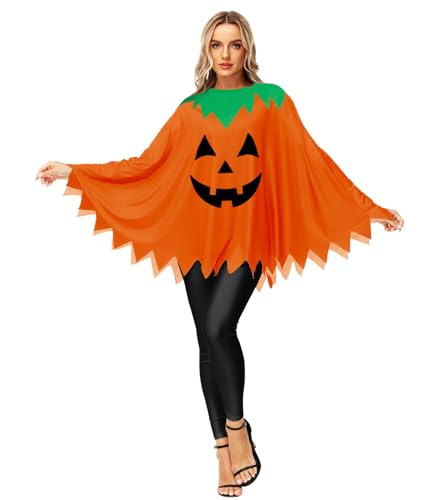 Women Pumpkin Poncho For Halloween Costume Adult Funny Printed Cosplay Cloak Cape Orange