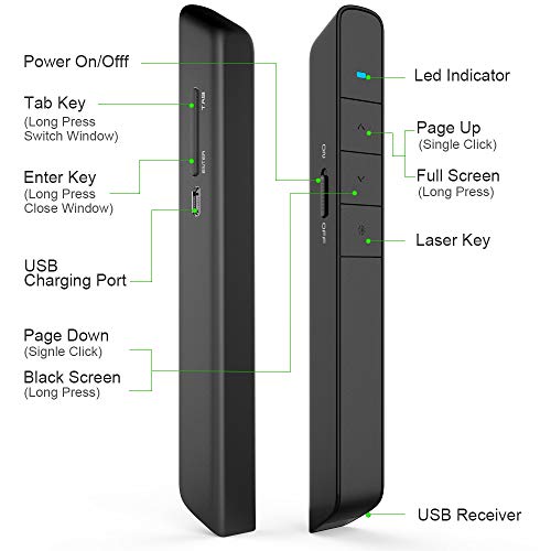 【300ft Long Control Range】 KNORVAY N75GBK Wireless Presenter with Green Light, Rechargeable PowerPoint Clicker Presentation Presenter Remote Laser Pointer, Support Hyperlink