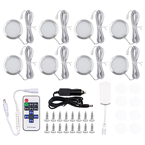 NUZAMAS Pack of 8 Linkable Under Cabinet LED Lightings - Dimmable Puck Lights, Cupboard Lights Under Counter Lights for Closet Showcase Bookshelf Wardrobe White 6400K, Caravan, Truck,Surface Mounted