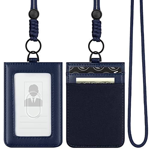 VULKIT ID Badge Holder with Lanyard for Women and Men Vertical Leather Badge Holder with Clear ID Window Card Holder Slot and Money Pocket Navy