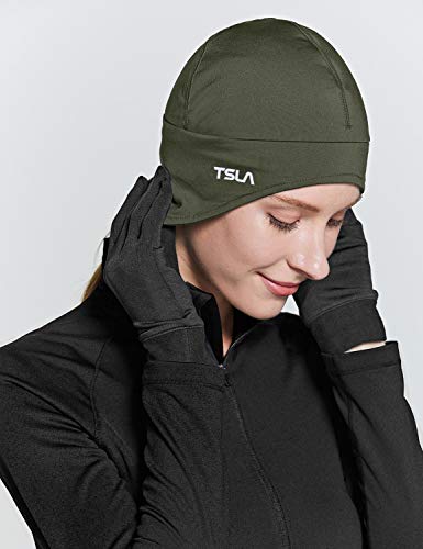 TSLA Men and Women Thermal Fleece Lined Skull Cap, Winter Ski Cycling Cap Under Helmet Liner, Cold Weather Running Beanie Hat YZC31-GRN Free