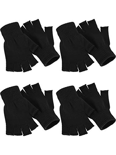 (Black) - 4 Pairs Winter Half Finger Gloves Knitted Fingerless Mittens Warm Stretchy Gloves for Men and Women