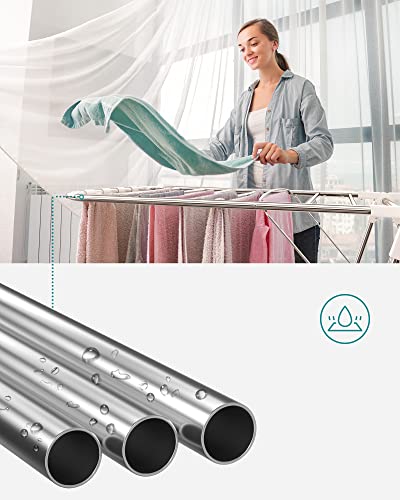 SONGMICS Clothes Airer, Foldable Clothes Drying Rack, Clothes Horse with Height-Adjustable Wings, Free-Standing Laundry Drying Rack, Indoor and Outdoor Use, Stainless Steel, White and Silver LLR502W01