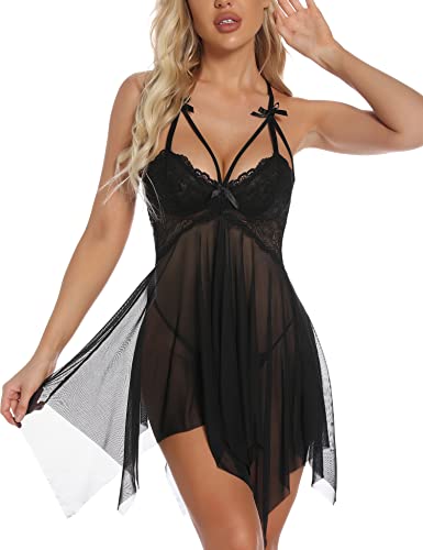 Donnalla Women Sexy Lace Lingerie Babydoll Chemise Boudoir Outfits Sleepwear, Black, Small