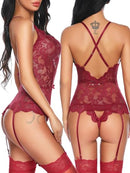 Women's Sexy Lace Lingeries Sets V Neck Adjustable Cross Strap Backless Bodysuit Teddy Babydoll Sleepwear with G-String Stockings