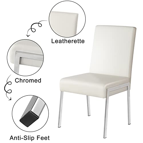 KithKasa Modern Faux Leather Upholstered Dining Chairs Set of 2, Armless White Accent Chairs with Chromed Metal Legs for Kitchen Dining Room